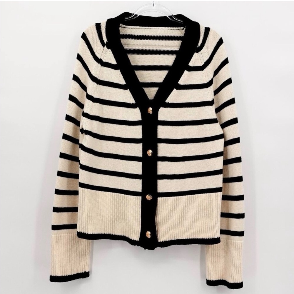 Commense Cream and Black Striped Button Cardigan